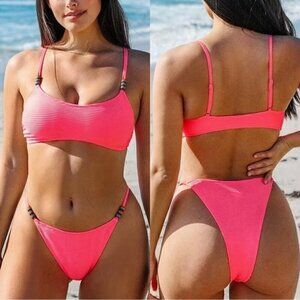 NWT Neon Pink Ribbed Sexy Thong Bikini Set Size Small Bathing Suit